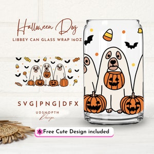 May include: A digital design for a 16 oz. can glass wrap featuring a Halloween dog dressed as a ghost holding a pumpkin bucket. The design includes three other ghost dogs, bats, candy corn, and lollipops. The text "Halloween Dog" and "LIBBEY CAN GLASS WRAP 16OZ" are included in the design.