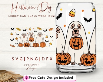 Ghost Dog and Pumpkin Svg, Halloween Dog Svg, 16oz Libbey Can Glass Svg, Pet Ghost Svg, Spooky Season Svg, Cute Halloween, Dog Lover Gift