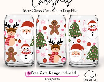Cute Christmas 16oz Libbey Glass Can Wrap Png, Merry Christmas Tree Can Glass Png, Christmas Gingerbread Cup Wrap Png Digital Download