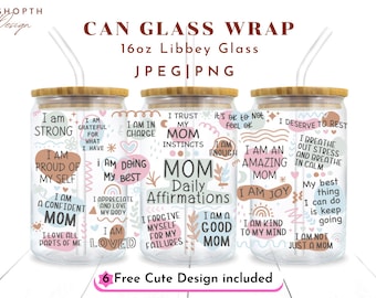 Boho Mom Daily Afirmaciones Png, 16 oz Libbey Glass Can Png archivo Cup Wrap, Self Lover, Mom Positive Wording, Mom Can Glass, Afirmaciones png