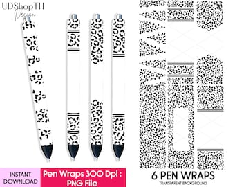 May include: Six black and white leopard print pen wraps. The wraps are designed to fit standard sized pens. The image includes the text "6 PEN WRAPS TRANSPARENT BACKGROUND".