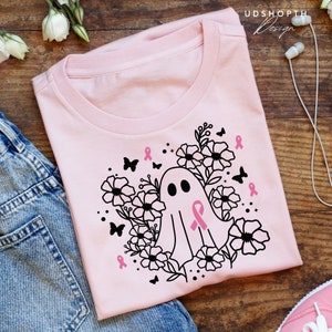 Breast Cancer Halloween Ghost Svg, Pink Ghost Png, Breast Cancer Svg, Floral Ghost Svg, Cancer Ribbon Svg, Floral Ghost Outline Svg image 4