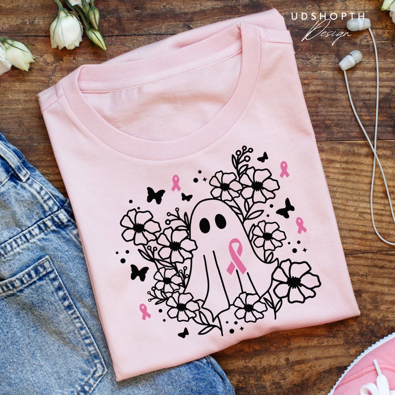 Breast Cancer Halloween Ghost Svg, Pink Ghost Png, Breast Cancer Svg, Floral Ghost Svg, Cancer Ribbon Svg, Floral Ghost Outline Svg image 4