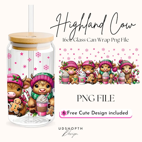 Highland Cow Iced Coffee Cup 16oz Glass Cup Png, Merry Christmas Coffee Cup, Christmas Libbey Glass, Holiday Cup Wrap Png, Digital Download