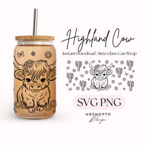 Highland Cow with Cactus 16oz Libbey Glass Can Wrap SVG PNG, Cute Cow Glass Can, Highland Cow Bow PNG, Cow with Flowers Svg Instant Download