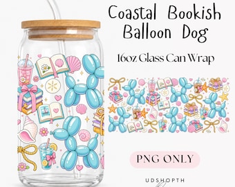 Coastal Bookish Balloon Dog 16oz Glass Can Wrap PNG (Digital Download)