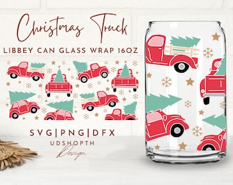May include: A digital design featuring a red truck with a Christmas tree in the bed, surrounded by snowflakes and stars. The design is intended for use as a wrap for a 16 oz Libbey can glass. The text "Christmas Truck" and "Libbey Can Glass Wrap 16oz" is included in the design.
