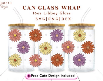 Daisy Libbey Glass Wrap SVG, 16oz Libbey Can Glass Wrap Svg, Wrap de verre de bière, Boho Daisy Svg, Daisys Svg, Boho Daisys Svg, Svg de canette de verre