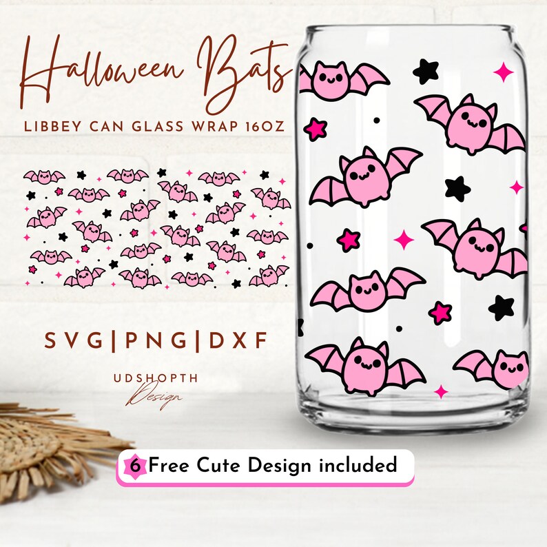 Halloween Bats 16oz Libbey Glass Can Svg, Halloween Glass Can, Cute Bats Svg, Spooky Halloween Svg, Halloween Iced Coffee, Halloween Gifts image 3