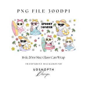 May include: A digital illustration featuring cartoon ghosts in sunglasses and summer attire, holding surfboards, drinks, and pool floats. The phrase "Spooky Summer" is displayed above the ghosts. The design is for a 16 & 20oz size glass can wrap.