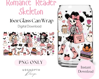 Pink Skeleton Romance Reader 16oz Glass Can Wrap (Digital Download)