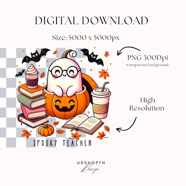 Läskig lärare png, spöklärare png, söt spöke png, Halloweenlärare, läskig säsong png, spökläsningsbok png design, digital nedladdning bild 2