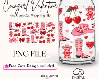 Cowgirl Valentine 16oz Libbey Glass Can Wrap Png, Western Cowboy Boots, Coquette Bow Valentine Cherry Png Cup Wrap Design Digital Download