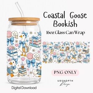 Coastal Goose Bookish 16oz Libbey Glass Can Wrap, png-bestand, strandlezerontwerp (digitale download)