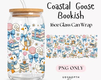 Coastal Goose Bookish 16oz Libbey Glass Can Wrap PNG, Beach Reader Design (Digital Download)