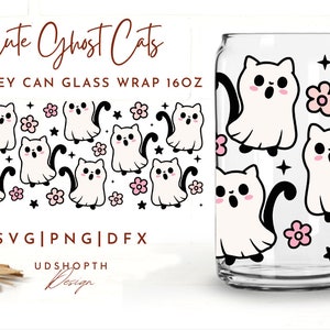 Сute Ghost Cats Svg, Halloween Glass Can Svg, 16oz Libbey Can Glass Svg, Spooky Season Svg, Ghost Svg, Daisy Ghost Svg, Floral ghost Svg