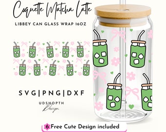 Coquette Matcha Latte Glass Can, 16oz Libbey Wrap Svg, Iced Matcha Latte, Cute Cup, Iced Coffee, Girly Glass Can Wrap Svg, Coffee Cup Svg