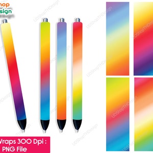 May include: Four colorful pen wraps with a rainbow gradient design. The wraps are 300 DPI and in PNG format.