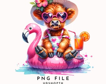 Cute Highland Cow Png, Summer Highland Cow Clipart, Heifer Cow png, Beach Vibes Png, Summer Beach Vacation, Flamingo Png, Western Cow Png