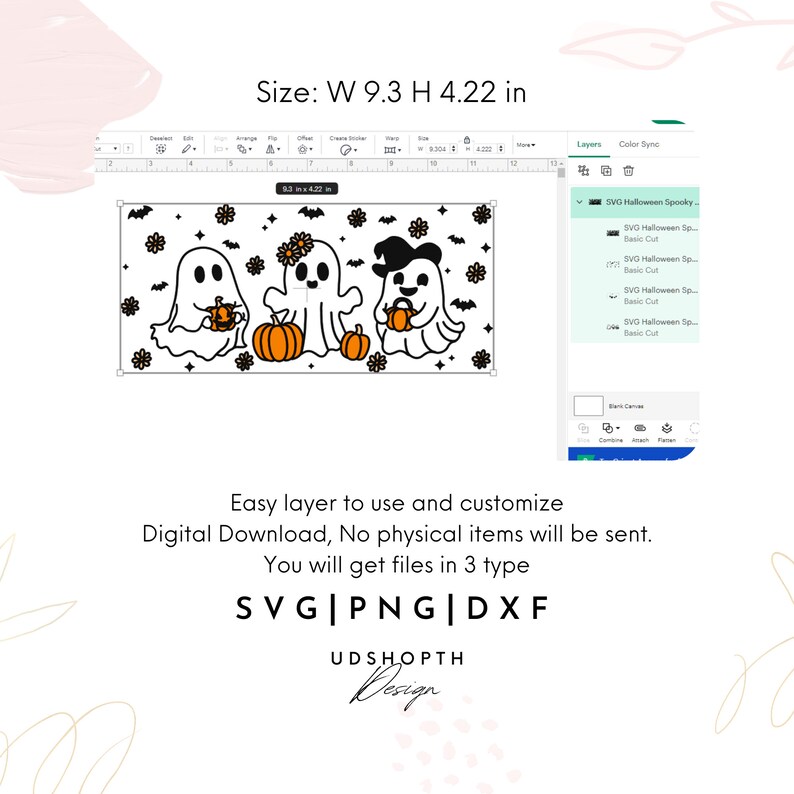 May include: A digital download of three cute ghosts holding pumpkins. The ghosts are outlined in black and have simple facial features. The pumpkins are orange and have a black stem. The background is white with black bats and white flowers.