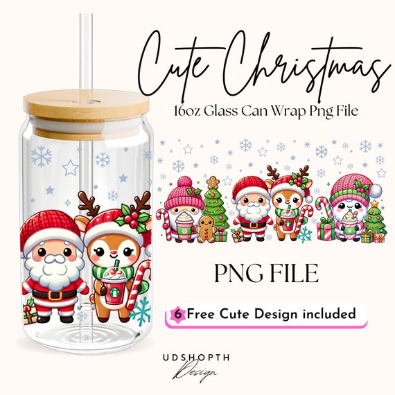 Christmas Iced Coffee Cup 16oz Glass Cup Png, Merry Christmas Coffee Cup, Christmas Libbey Glass Png, Holiday Cup Wrap Png, Digital Download