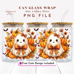 Autumn Pumpkin Ghost 16oz Libbey Glass Cup Wrap Png, Fall Pumpkin Ghost Sublimation Design, Cute Ghost Png, Autumn Ghost Png, Fall Vibes Png
