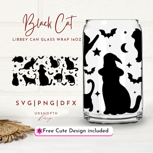 Black Cat Halloween Svg, Witch Black Cat Bat 16oz Libbey Can Glass Wrap Svg, Halloween Glass Can Svg, Spooky Season Svg, Cat Lover Gift