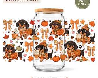 Cozy Coquette Fall Dachshund  16oz Glass Can Wrap PNG, Pumpkin Spice Dog, Autumn Plaid (Digital Download)