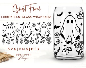 Ghost Floral Svg, Halloween Glass Can Svg, 16oz Libbey Can Glass Svg, Wildflower Svg, Spooky Season Svg, Ghost Svg, Daisy Ghost Svg
