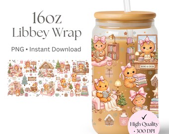 Pink Gingerbread Book Club 16 oz Glass Can Wrap PNG, Christmas Bookish Libbey Sublimation Design, Cozy Holiday Digital Download
