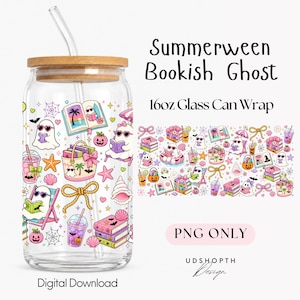May include: A clear 16oz glass can with a bamboo lid and glass straw, featuring a colorful pattern of ghosts, books, beach items, and pumpkins. The text reads Summerween Bookish Ghost, 16oz Glass Can Wrap, PNG ONLY, and UDSHOPTH Design.