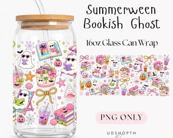 Summerween Bookish Ghost 16oz Glass Can Wrap, Coastal Beach Reading PNG (Digital Download)