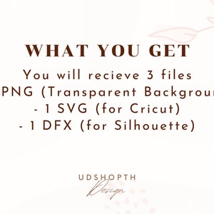 May include: Text that reads "WHAT YOU GET" and "You will recieve 3 files - 1 PNG (Transparent Background) - 1 SVG (for Cricut) - 1 DFX (for Silhouette)" with a floral design in the background. The text is in a brown font.