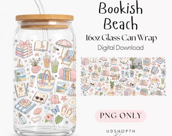 Bookish Beach 16oz Glass Can Wrap PNG, Coastal Book Lover Libbey Wrap, Beach Reads PNG, Summer Reading Cup Wrap, Coquette Coastal Books PNG