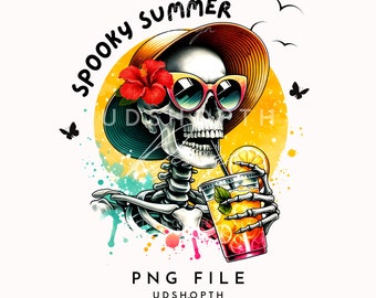 Spooky Summer Png, Summer Vibes Skeleton Clipart, Summer Ghost Png, Beach Vibes, Summer Beach Vacation, Tropical Drink Sublimation Design