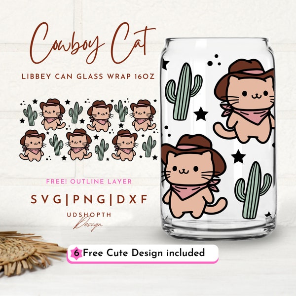 Cute Cowboy Cat Svg, 16oz Libbey Wrap Svg, Cowboy Can Glass Wrap Svg, Western Cat, Cowboy Hat, Country Cat, Funny Cowboy Cat, Cat Lover Png