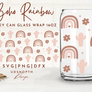 Boho Rainbow Catus Can Glass SVG, 16oz Libbey Full Wrap Svg, Boho ...