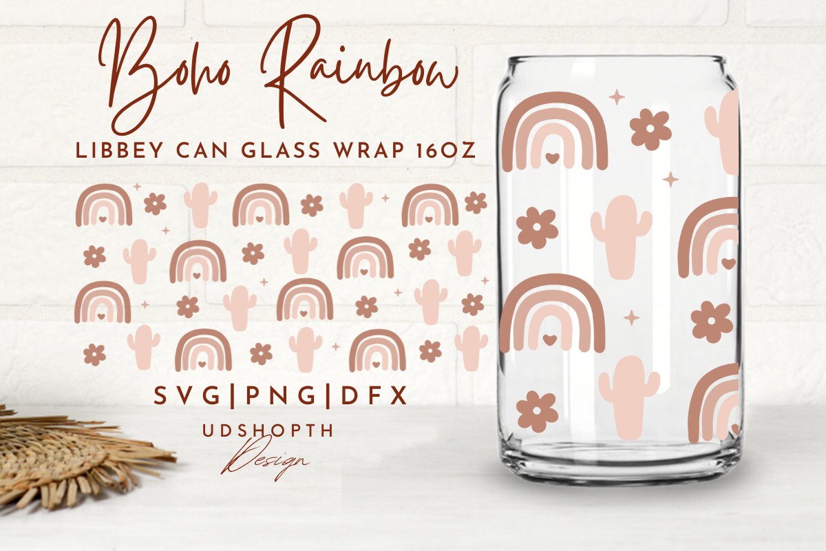 Boho Rainbow Catus Can Glass SVG, 16oz Libbey Full Wrap Svg, Boho ...