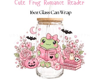 Frog Reading Book PNG, Pink Halloween 16oz Libbey Wrap Design (Digital Download)