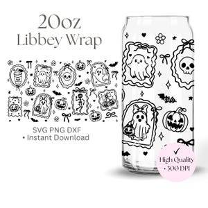 May include: A clear 20oz Libbey glass can featuring a black line art wrap design of ghosts, skulls, pumpkins, bats, bows, and flowers in ornate frames. The image includes text reading 20oz Libbey Wrap, SVG PNG DXF, Instant Download, and High Quality 300 DPI.