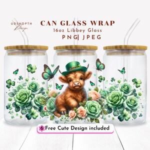 St Patrick&#39;s Day Highland Cow, 16oz Libbey Wrap Sublimation Design, Retro St Patricks Png, Clover, Shamrock Png, Sublimation St Patricks Day