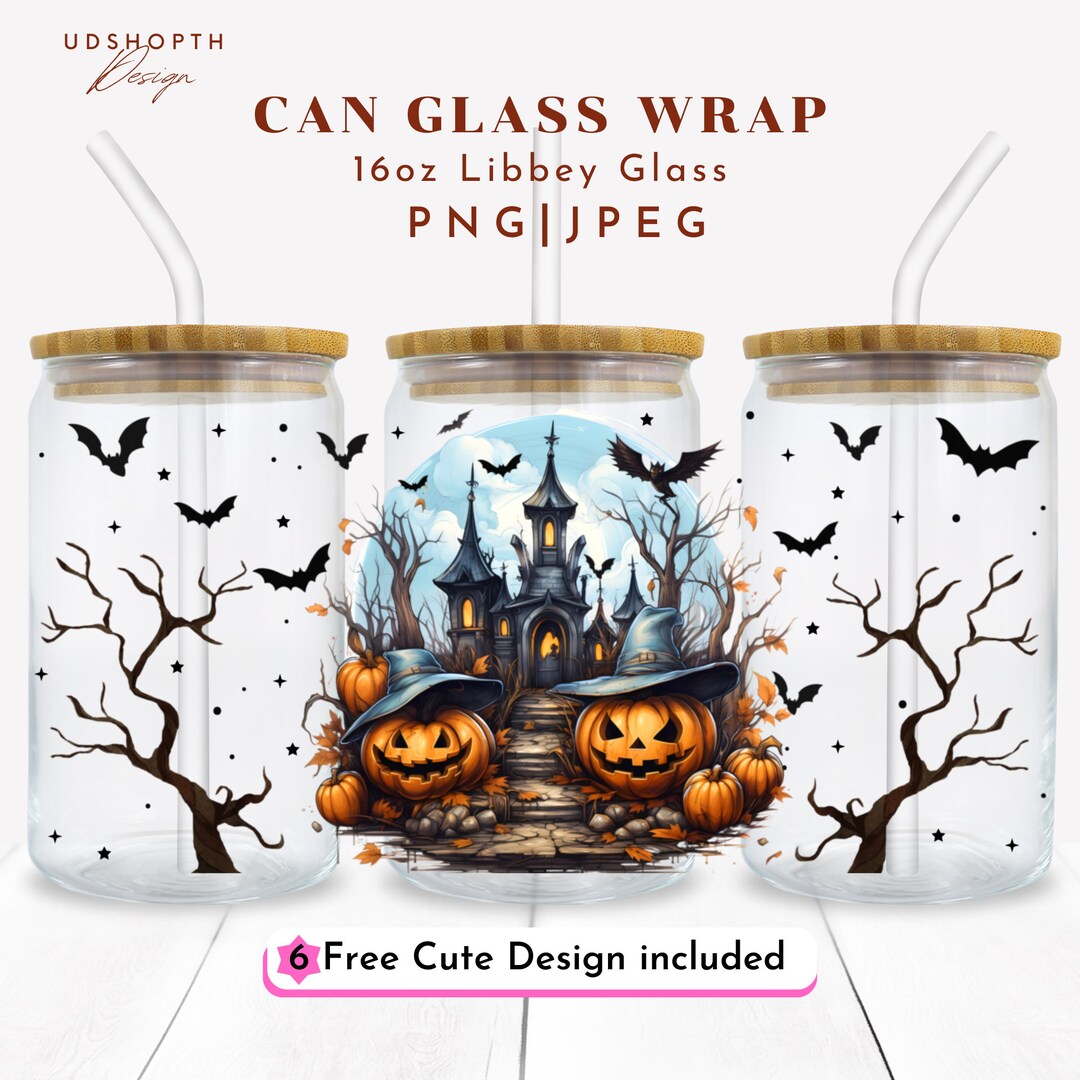 Haunted House 16oz Libbey Glass Can Png File Cup Wrap, Halloween ...