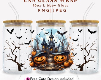 Haunted House 16oz Libbey Glass Can Png file Cup Wrap, Halloween Sublimation Design, Creepy Whimsigoth Halloween, Tumbler Wrap PNG Design