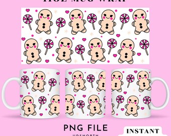 Pink Christmas Gingerbread Mug PNG, 11oz Mug Wrap, Mug Sublimation Wrap, Gingerbread Man Mug Png, Christmas Coffee Cup Wrap Digital Download