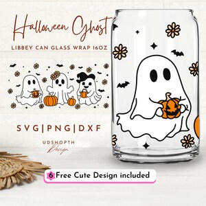 May include: A digital design for a 16 oz. can glass wrap featuring a cute cartoon ghost holding a pumpkin. The design includes a repeating pattern of ghosts, pumpkins, bats, and flowers. The text "Halloween Ghost" and "LIBBEY CAN GLASS WRAP 16OZ" are included in the design. The design is available in SVG, PNG, and DXF formats.