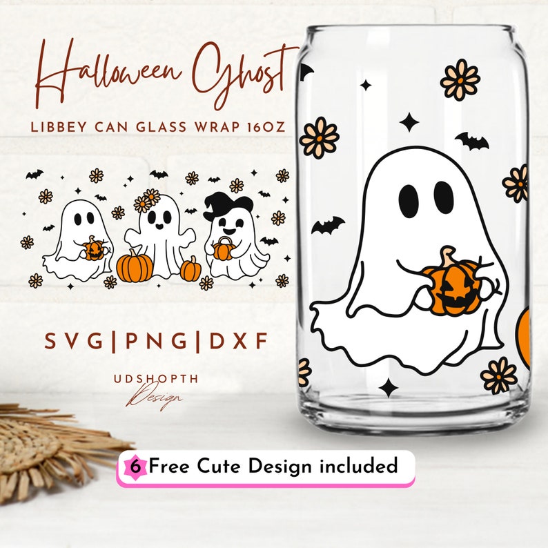 May include: A digital design for a 16 oz. can glass wrap featuring a cute cartoon ghost holding a pumpkin. The design includes a repeating pattern of ghosts, pumpkins, bats, and flowers. The text "Halloween Ghost" and "LIBBEY CAN GLASS WRAP 16OZ" are included in the design. The design is available in SVG, PNG, and DXF formats.
