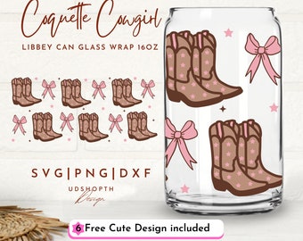 Coquette Cowgirl Svg, 16oz Libbey Wrap Svg, Pink Bow Svg, Boots and Bow Svg, Cowgirl Boots Svg, Cherry Bow Svg, Western Coquette Svg