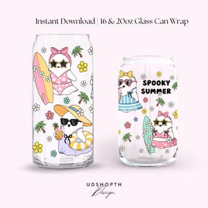 May include: Two clear glass can wraps with summer-themed illustrations. One features a cartoon seal in a swimsuit with a surfboard, the other has a seal with a drink and the text "Spooky Summer". Floral and palm tree designs surround the seals.