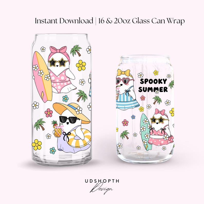 May include: Two clear glass can wraps with summer-themed illustrations. One features a cartoon seal in a swimsuit with a surfboard, the other has a seal with a drink and the text "Spooky Summer". Floral and palm tree designs surround the seals.