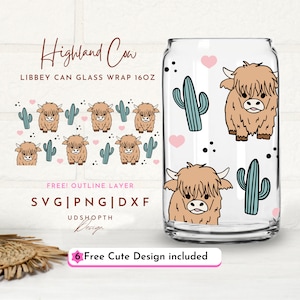 Highland Cow z kaktusem 16oz Glass Can Wrap Svg, Krowa Svg, Kaktus Svg, Krowa Svg, Słodka Krowa Svg, Krowa Highland Heifer Svg, Prezent Dla Niej